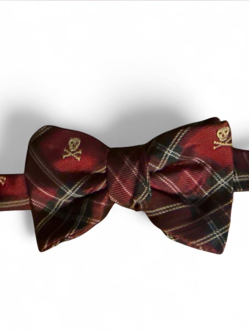 Polo by Ralph Lauren Burgundy Plaid Bow Tie with Gold Skull Motif